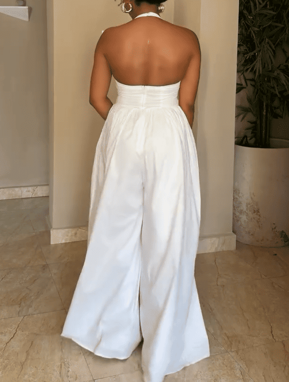 Halter V-Neck Backless Wide-Leg Jumpsuit - White