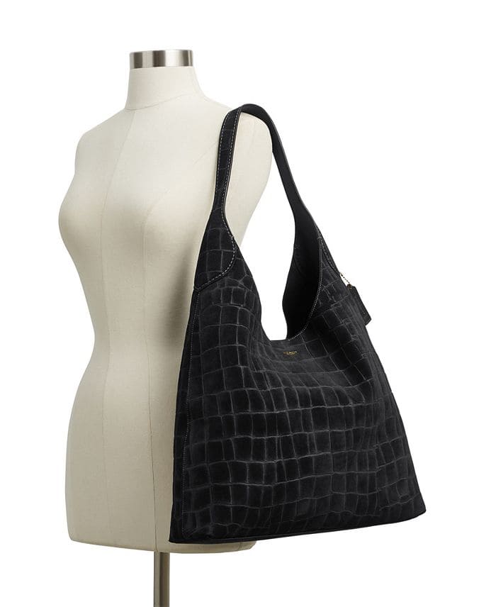 Extra-Large Crocodile-Embossed Suede Shoulder Bag