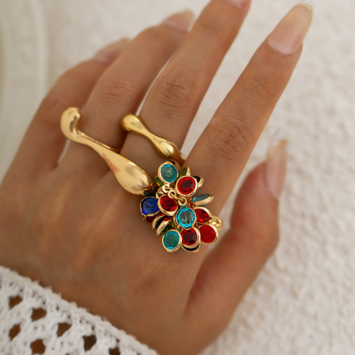Color Gemstone Pendant Tassel Ring