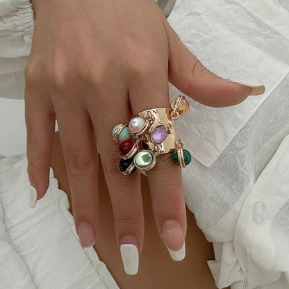Color Gemstone Pendant Tassel Ring