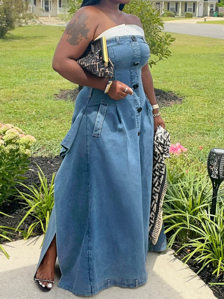 Strapless With Contrast Neck Denim Dress