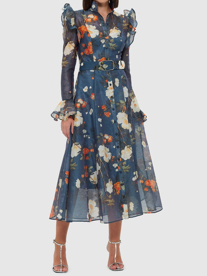 High Collared Neck Printed Ruffled Dress