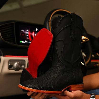 Matte Black Python Boots With Red Soles — Square Toe