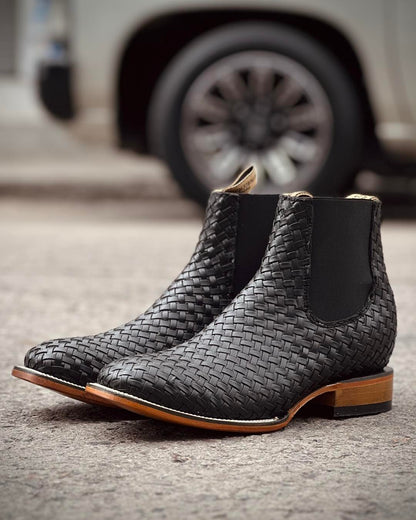 Men's Western Cowboy Woven Leather Ankle Boots