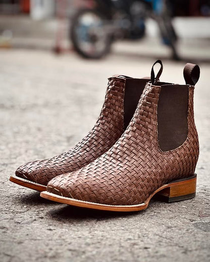 Men's Western Cowboy Woven Leather Ankle Boots