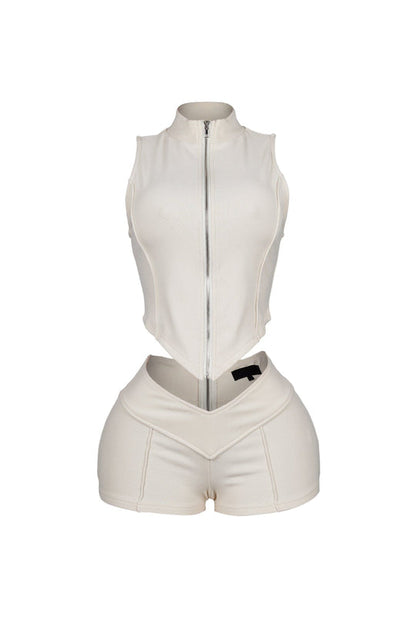 Classic Zip Up Cropped Tank Top & Shorts SET