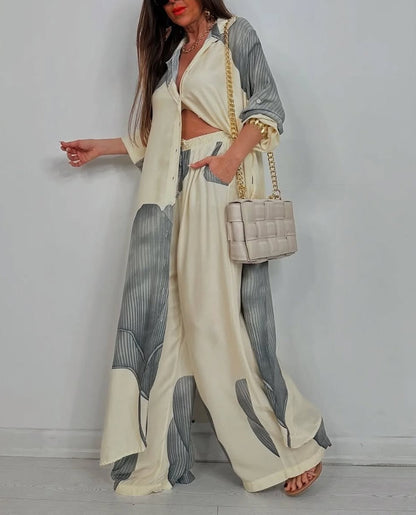 V-neck Patchwork Printed Top and Pants Commuting Casual Suit