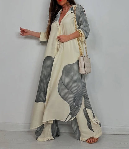 V-neck Patchwork Printed Top and Pants Commuting Casual Suit