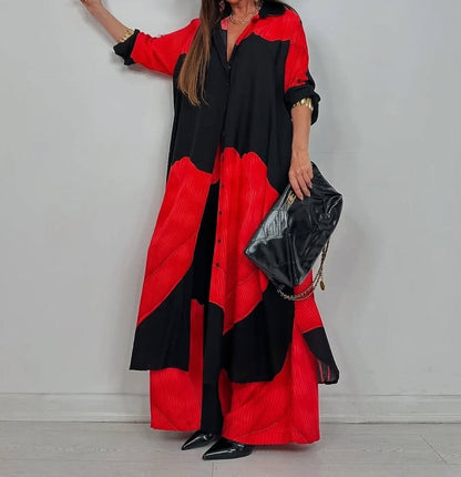 V-neck Patchwork Printed Top and Pants Commuting Casual Suit