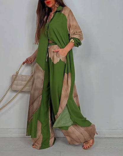 V-neck Patchwork Printed Top and Pants Commuting Casual Suit