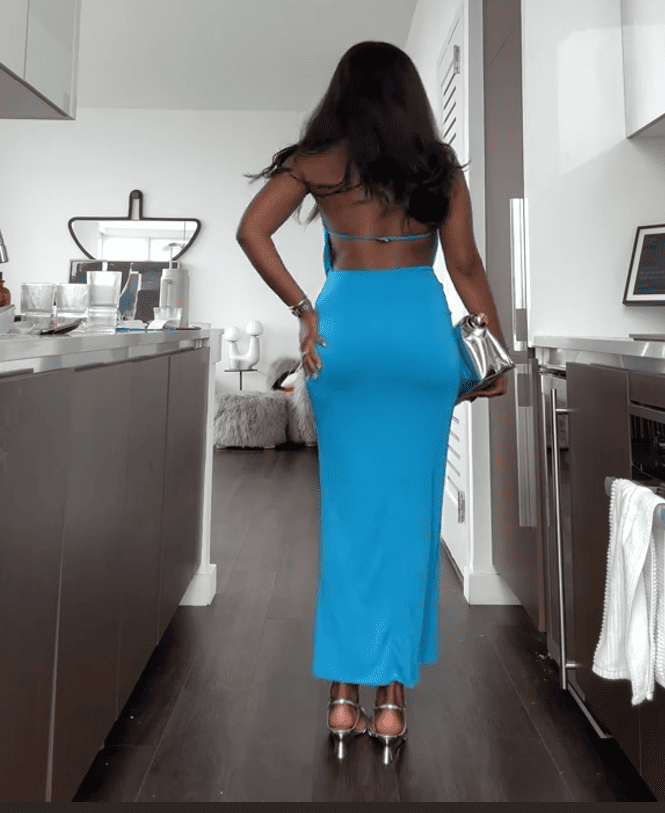 Extreme Cowl Neck Maxi Dress In Blue Slinky
