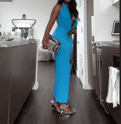 Extreme Cowl Neck Maxi Dress In Blue Slinky