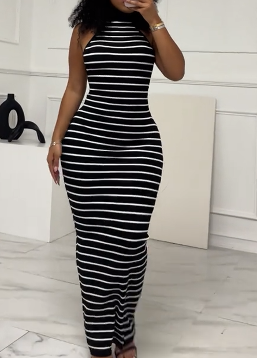 Fashion Striped Halter Neck Maxi Dress