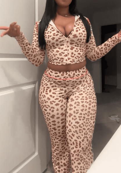Leopard Print Zip-Up Hoodie & Lengthy Pants Set