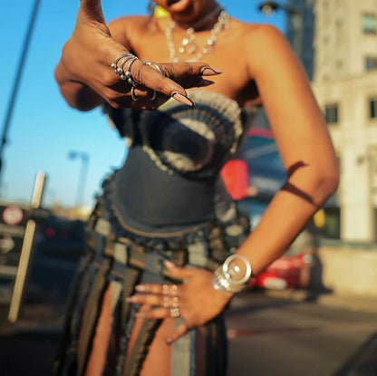 （⏰Free shipping） Denim patchwork corset suit