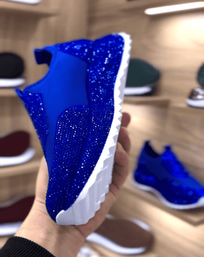 Shiny blue rhinestone platform slip-on sneakers