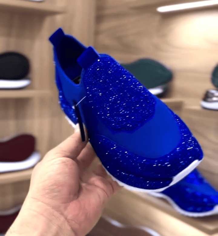 Shiny blue rhinestone platform slip-on sneakers