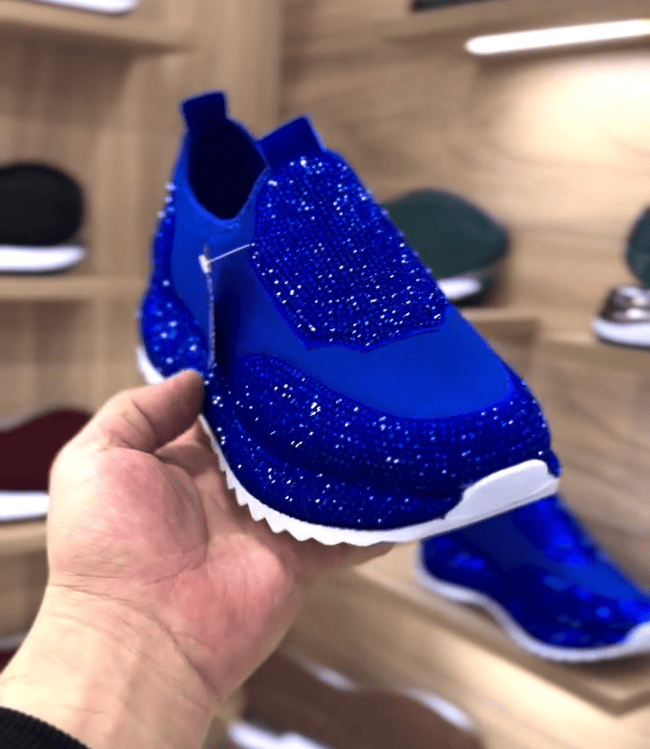 Shiny blue rhinestone platform slip-on sneakers