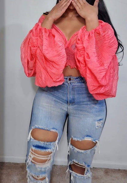 Pleated Puff Sleeve Fashion Top