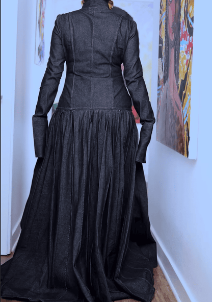 Pleated Flared Denim Dress