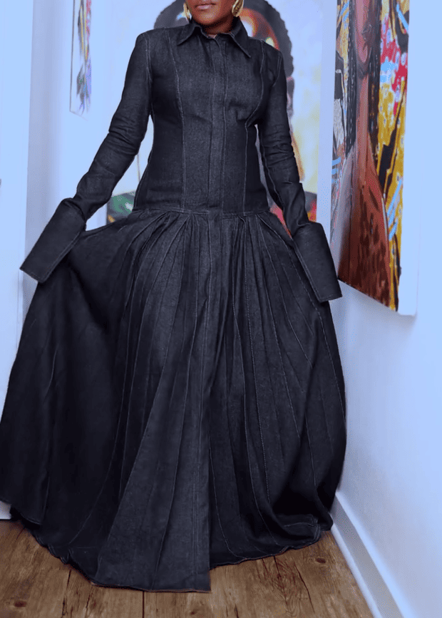 Pleated Flared Denim Dress