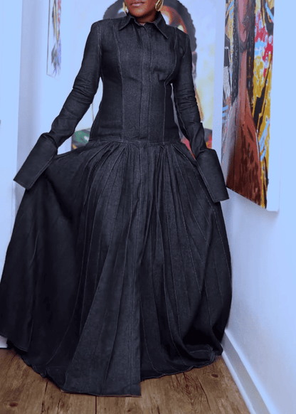 Pleated Flared Denim Dress
