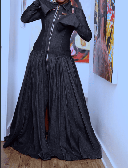 Pleated Flared Denim Dress