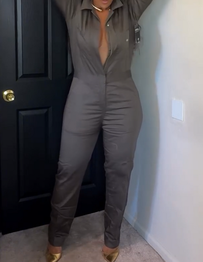 Long-sleeved Cargo Jumpsuit - Olive