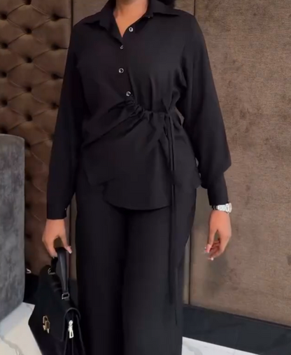 Silk Button Long Sleeve Trousers 2-Piece Set