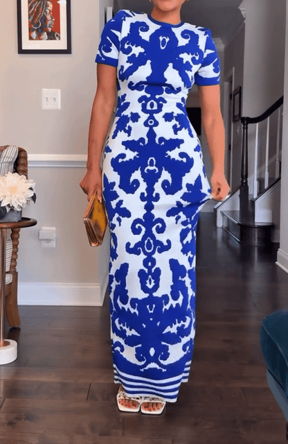 Blue Floral Round Neck Maxi Dress