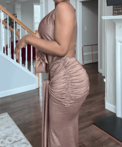 Plunge Drape Ruched Maxi Dress