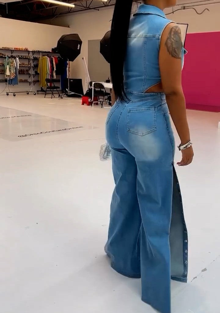 Sleeveless Waist Cutout Denim Button Jumpsuit