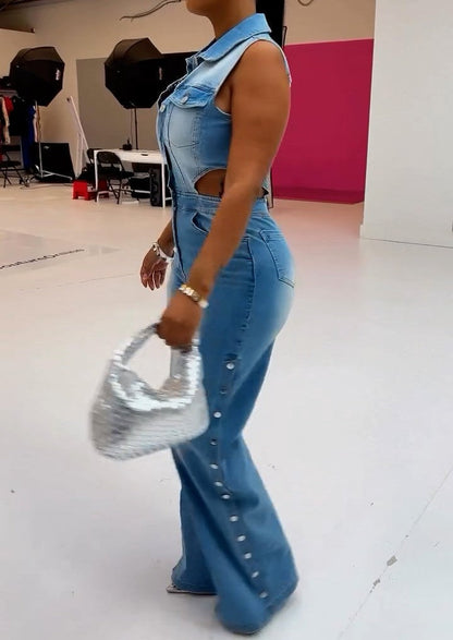 Sleeveless Waist Cutout Denim Button Jumpsuit