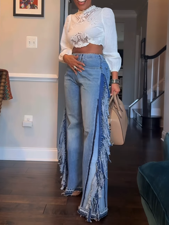 Blue Denim Fringed Destroyed Pants