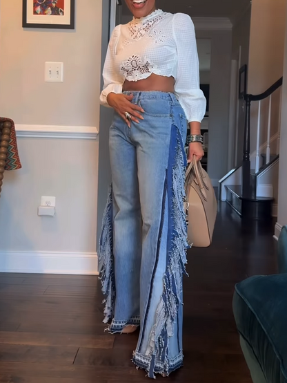 Blue Denim Fringed Destroyed Pants