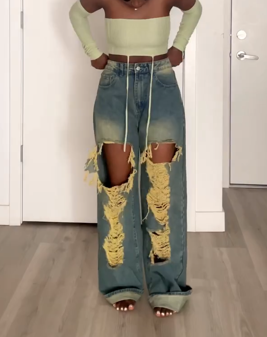 Vintage Wash Extreme Rip Straight Leg Jeans