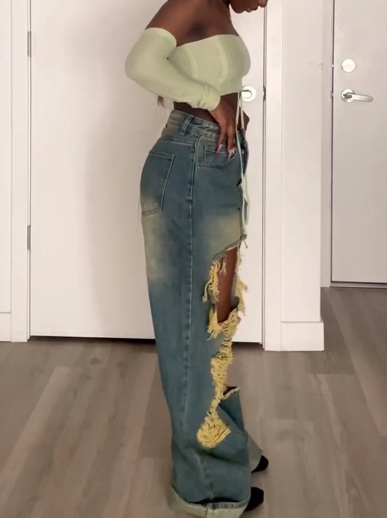 Vintage Wash Extreme Rip Straight Leg Jeans