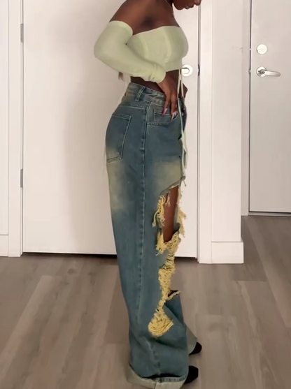 Vintage Wash Extreme Rip Straight Leg Jeans