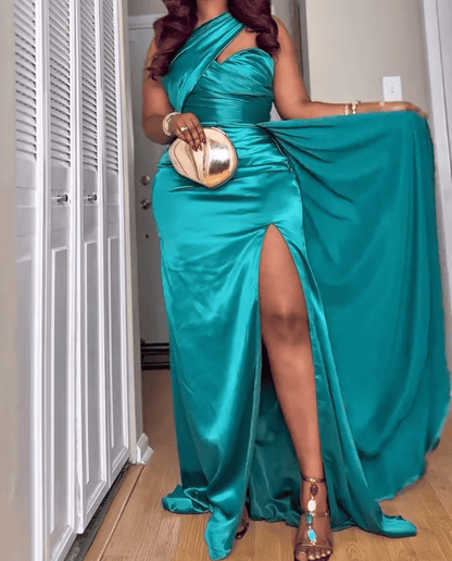 One-Shoulder Satin High Slit Evening Dresses