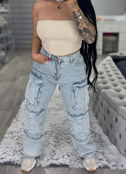 Rhinestone Cargo Jeans