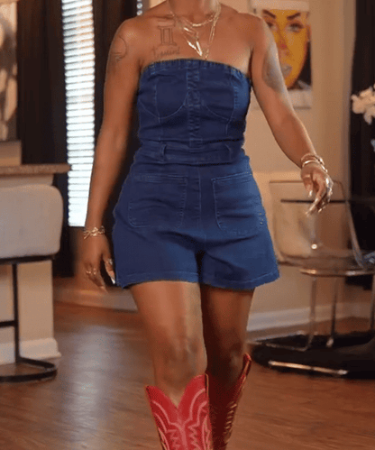 Vintage Wash Bandeau Denim Jumpsuit
