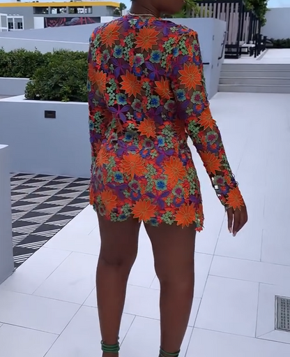 Flower embroidered long-sleeved shorts set