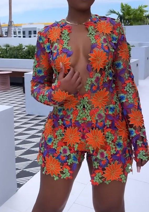 Flower embroidered long-sleeved shorts set