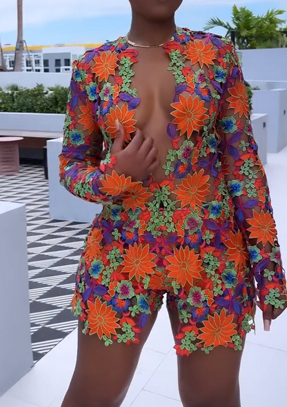 Flower embroidered long-sleeved shorts set