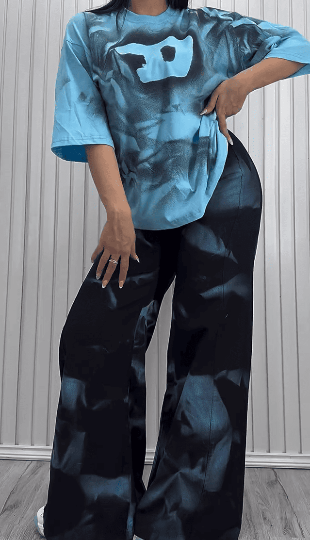 Fantasy Pleated Print Short Sleeve Trousers Set
