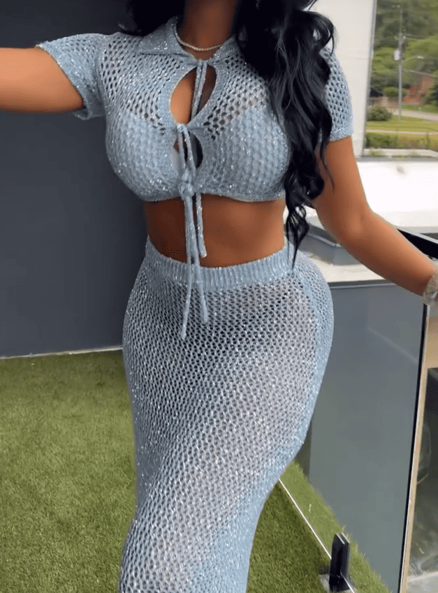 Blue Knit Cutout Top & Skirt Set