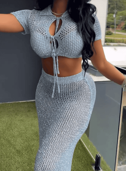 Blue Knit Cutout Top & Skirt Set