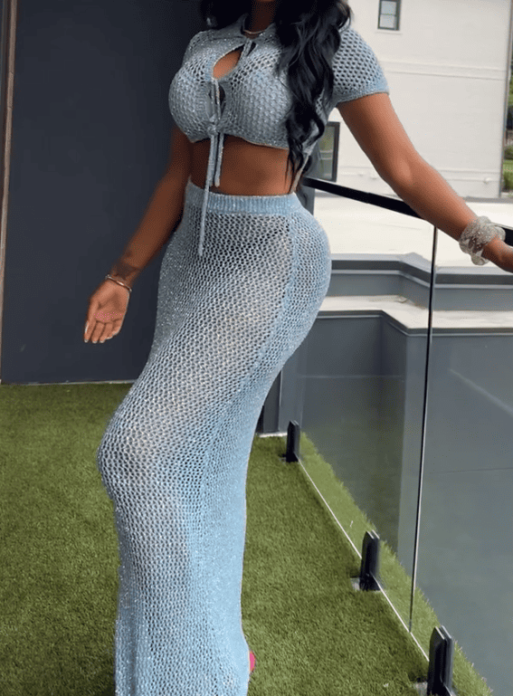 Blue Knit Cutout Top & Skirt Set