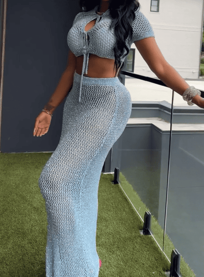 Blue Knit Cutout Top & Skirt Set