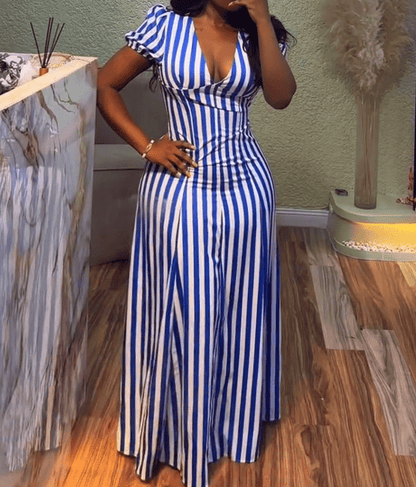 Elegant Striped V Neck Puff Sleeve Maxi Dresses
